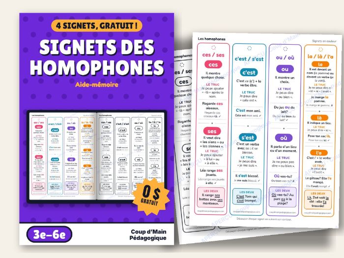 FREE French Homophones Bookmarks Grade 3-6 Color and B&W | Signets
