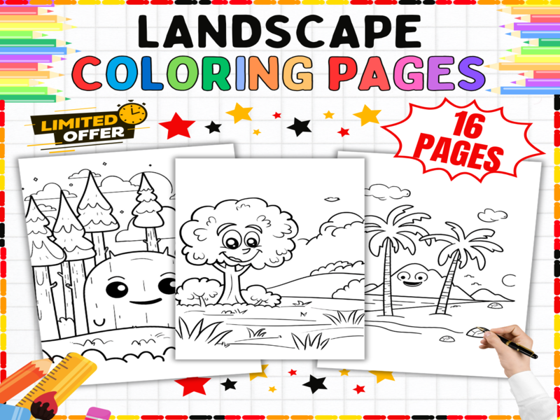 Landscape Colouring Pages | Nature Scenes Worksheets | Mountains, Forests & Beach Activities
