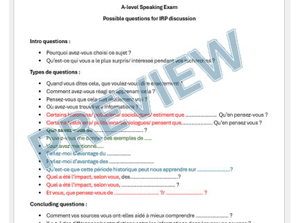 A-level French - Possible type of questions for IRP discussion