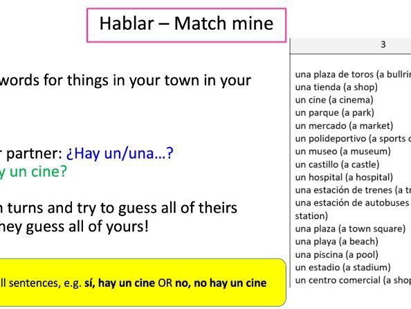 KS3 Spanish Town L4 ¿Qué hay en tu pueblo? PPT Lesson + Sentence Builder (editable)