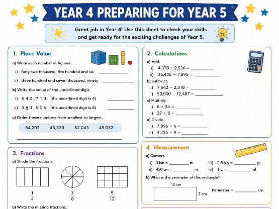Year 4 to Year 5 Transition Worksheet | End of Year Maths & English Revision | Summer Holiday