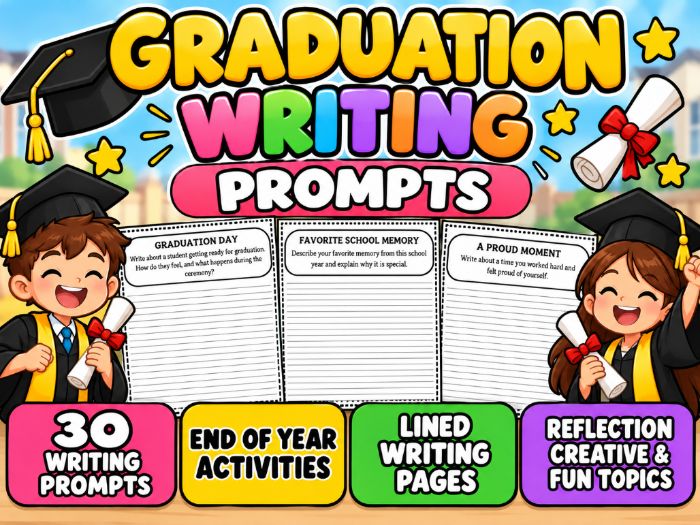 Graduation Writing Prompts | End of Year Writing Activities | 30 Prompts