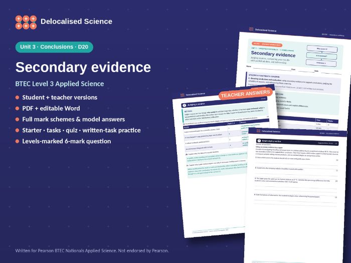 BTEC Applied Science Unit 3: Secondary evidence (D20) - worksheet + answers