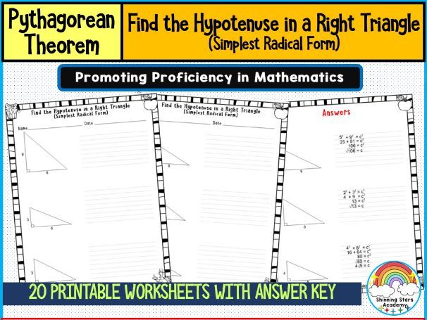 Find the Hypotenuse in a Right Triangle (Simplest Radical Form) Worksheets Pythagorean Theorem Pract