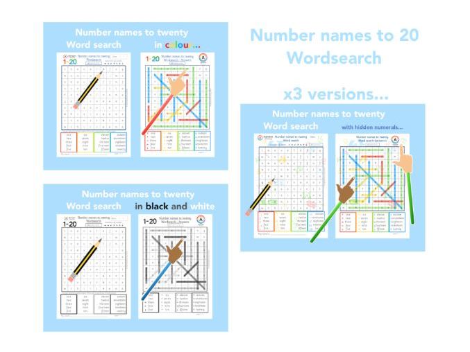 Wordsearch Number names to twenty (x3 versions)