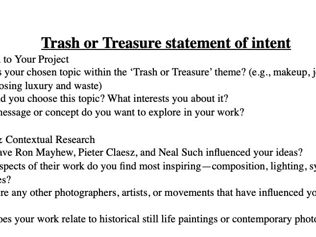 GCSE Photography Project - Trash or Treasure Statement of Intent