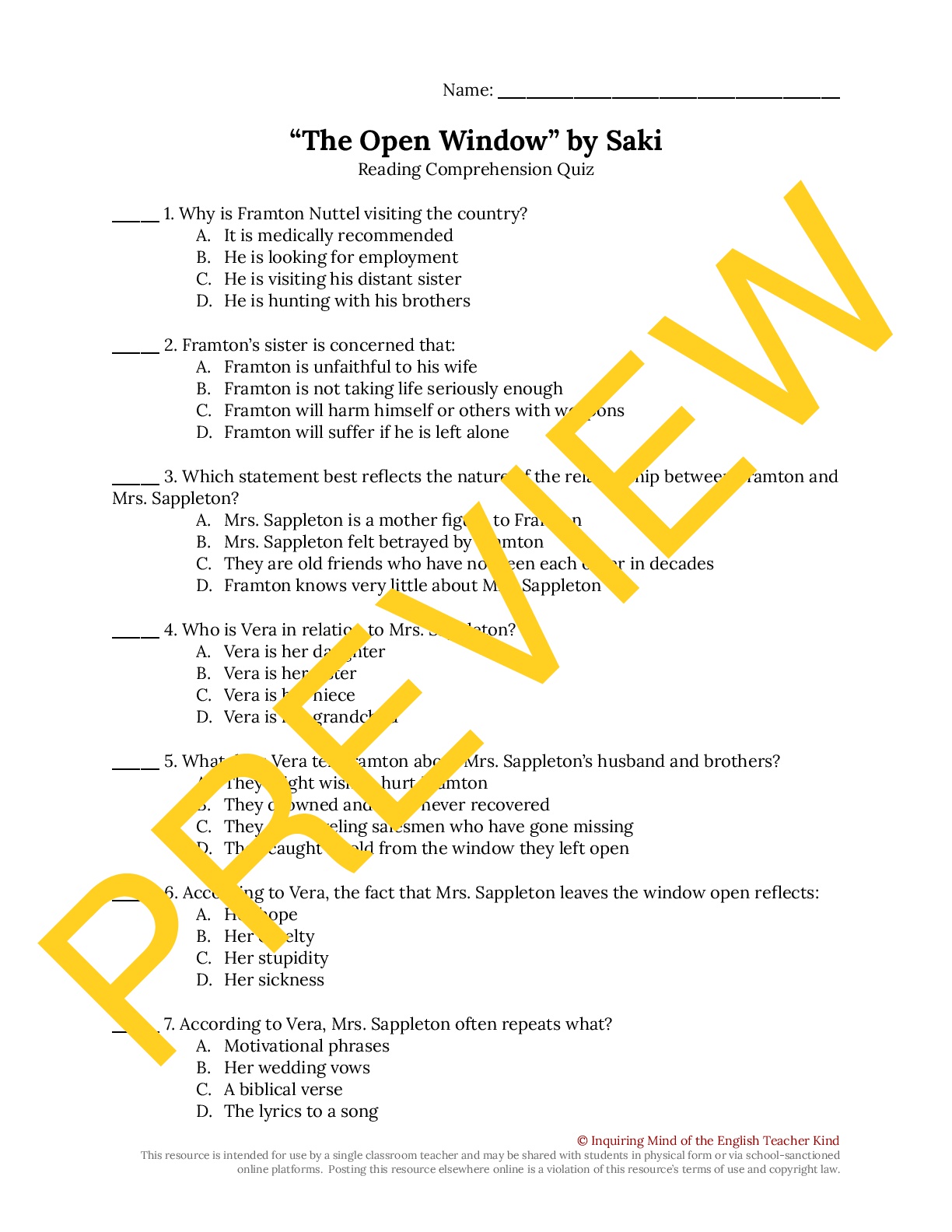 "The Open Window" by Saki Quiz | Teaching Resources