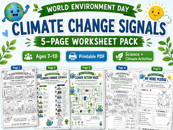 World Environment Day Climate Change Signals Worksheets | 5-Page Printable Pack