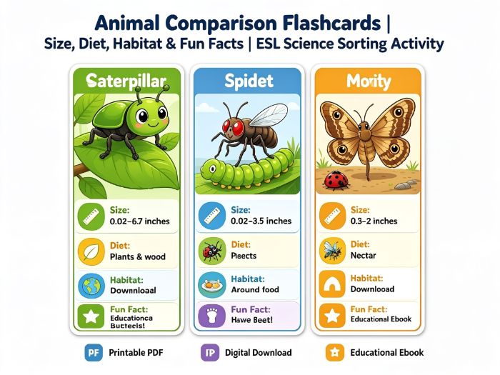 Animal Comparison Flashcards | Size, Diet, Habitat & Fun Facts | ESL Science Sorting Activity