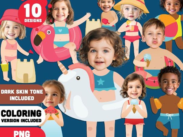 Add Your Own Face Beach Craft, Kids Playing on the Beach Body Templates, PDF+PNG