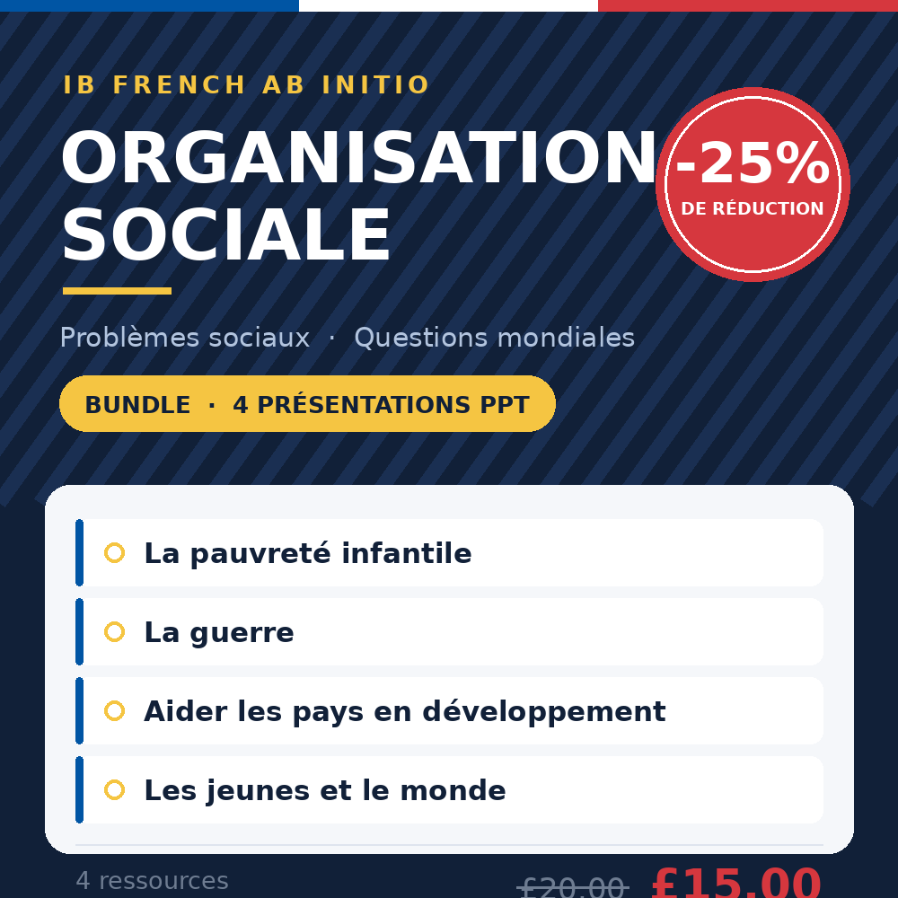 IB French Ab Initio – Organisation sociale : Problèmes sociaux & Questions mondiales | BUNDLE 4 PPT