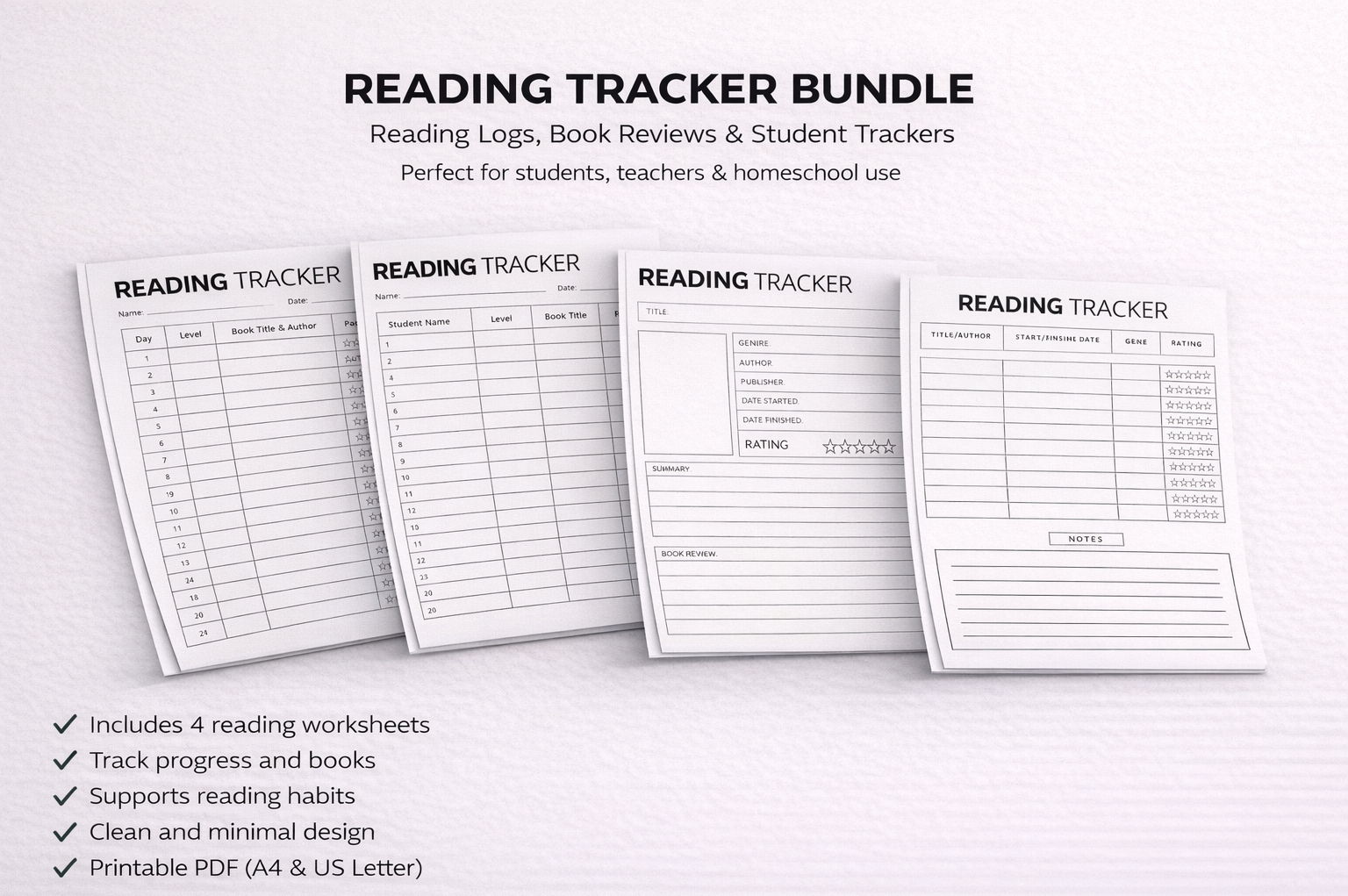Reading Tracker Bundle for Students | Reading Log, Book Review & Progress Tracker Worksheets