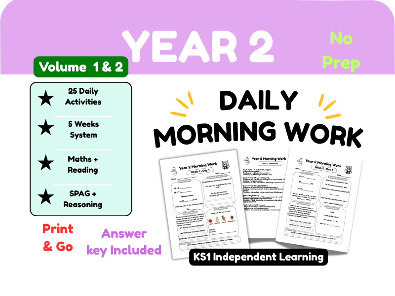 Year 2 Daily Morning Work Bundle | 50 No-Prep Maths, English, Grammar & Reading Activities | KS1