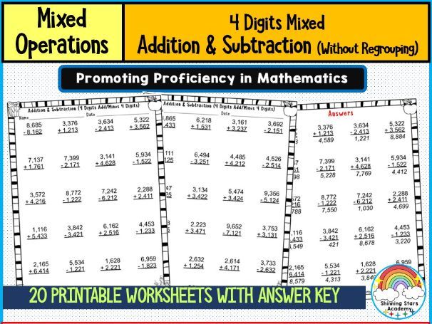 4-Digit Mixed Addition & Subtraction Without Regrouping Worksheets | No Borrowing or Carrying Practi
