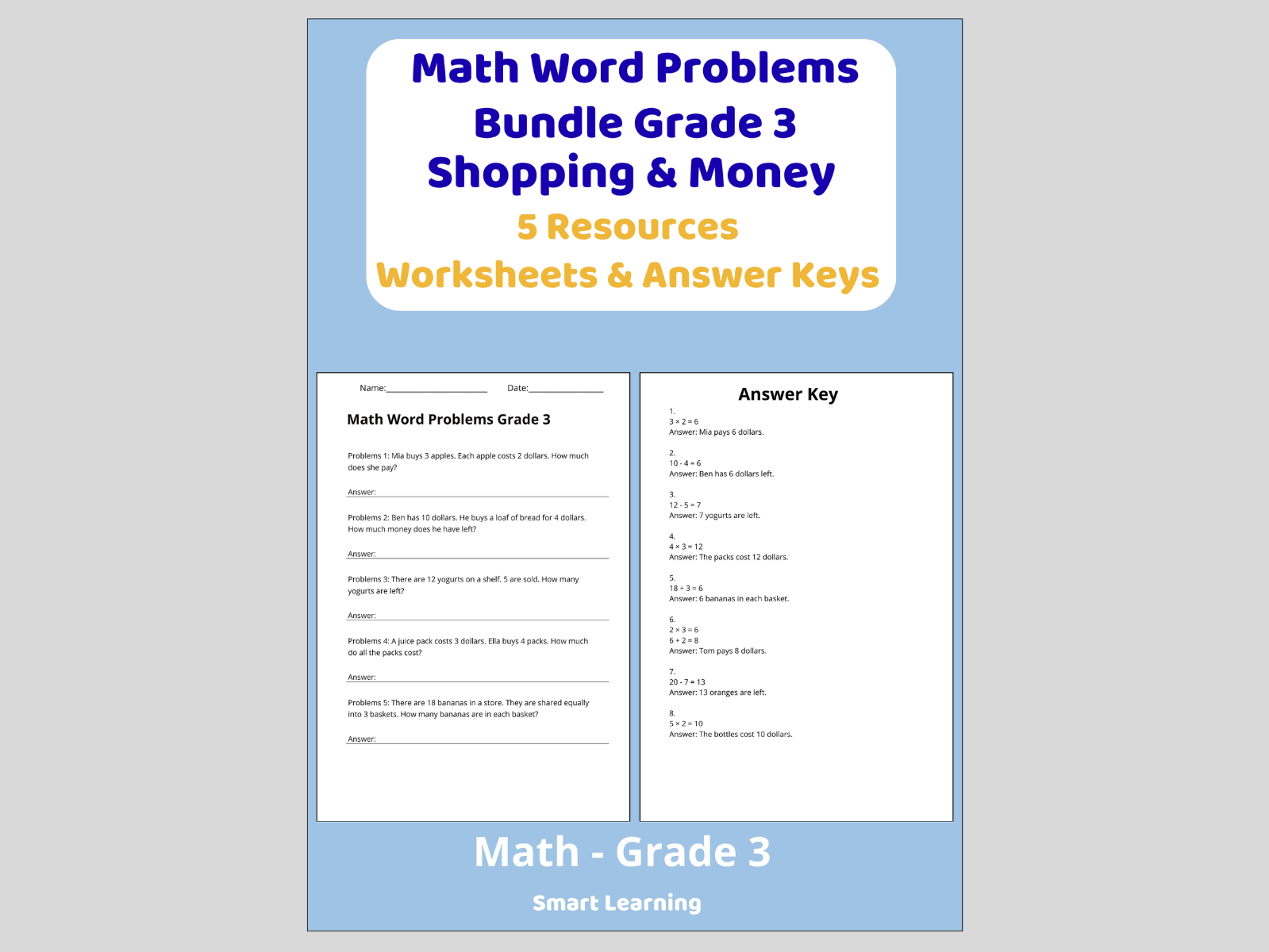 Math Word Problems Money Bundle Grade 3 | 5 Resources | Worksheets & Answer Keys