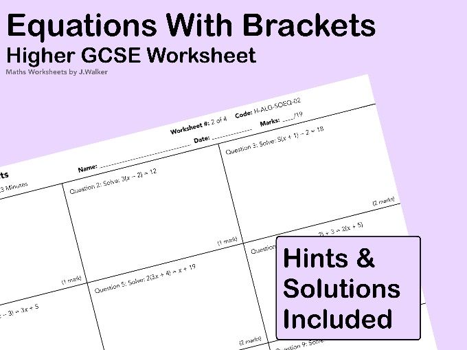 GCSE Maths Worksheet: Equations With Brackets - Higher Tier