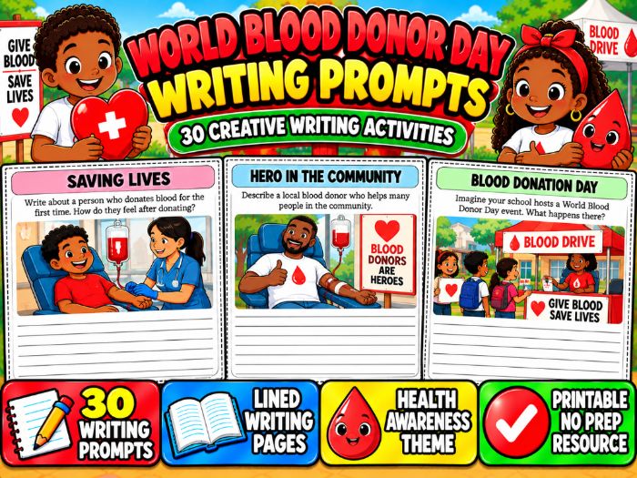 World Blood Donor Day Writing Prompts | 30 Creative Writing Worksheets