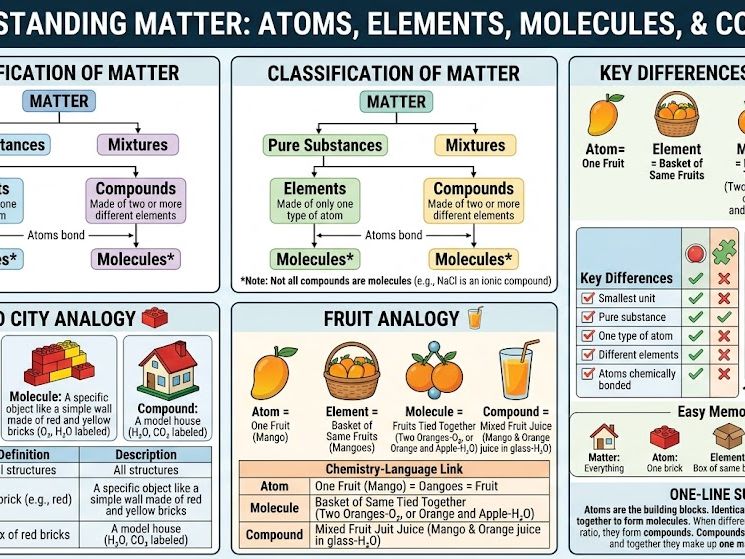 Analogy infograpg of Understanding Matter: Atoms, Elements, Molecules & Compounds