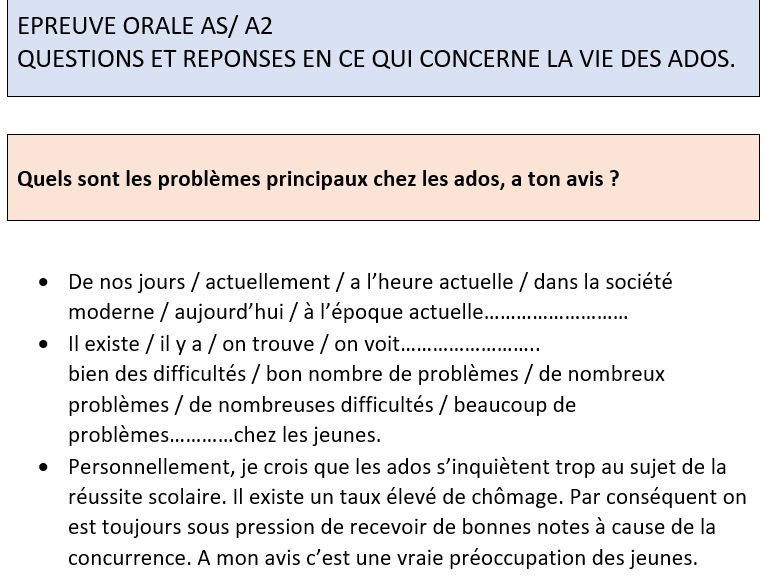 EPREUVE ORALE A LEVEL- QUESTIONS ET REPONSES SUR LES PROBLEMES DES ADOS.