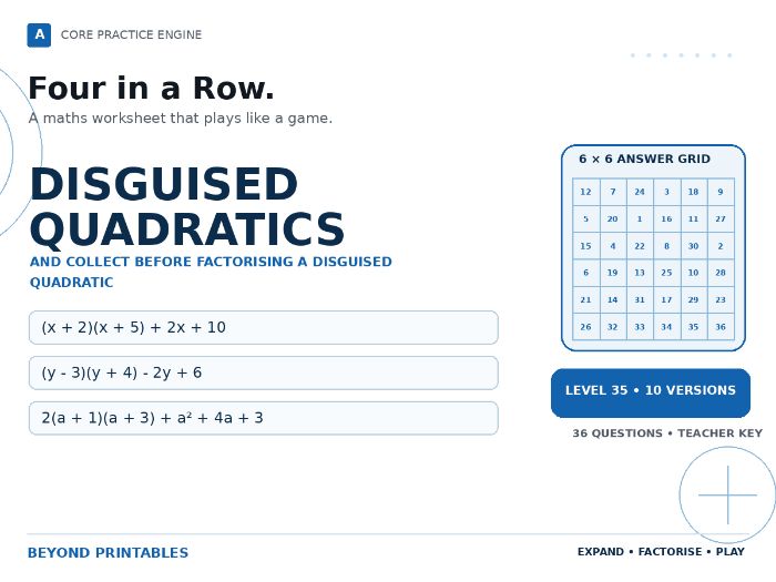 Disguised Quadratics Four in a Row | (x + 2)(x + 5) + 2x + 10 : Level 35 | 10 Maths Games