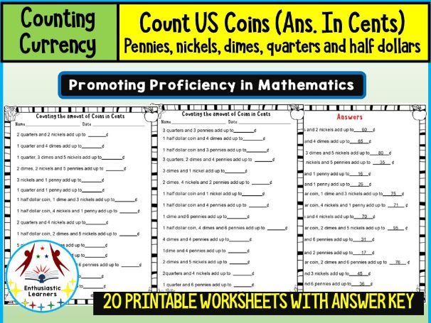 Count the U.S. Coins and Write the Answer in Cents Worksheets Math Problems