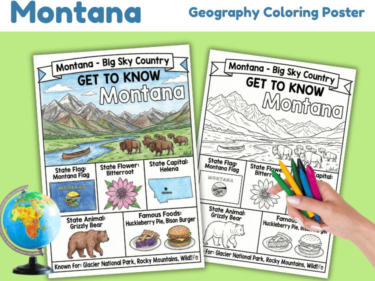 Montana Geography Coloring Poster | U.S. State Facts Worksheet