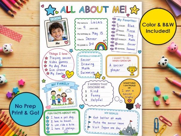 All About Me Back to School Worksheet