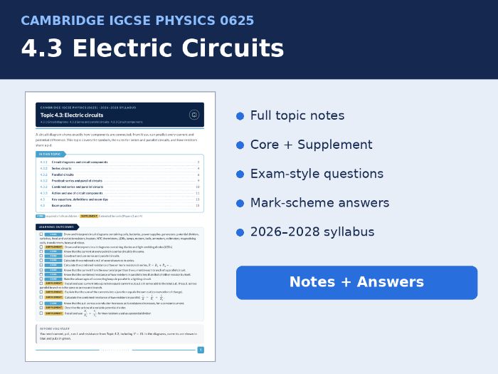 IGCSE Physics 0625 4.3 Electric Circuits Notes