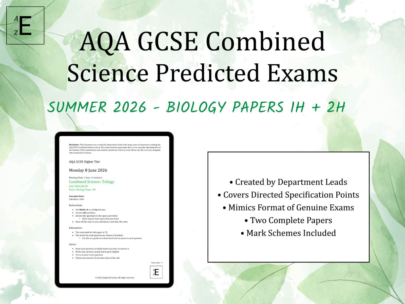 Summer 2026 GCSE Combined Science Predicted Exams - AQA Biology 1H and 2H (Higher Tier)