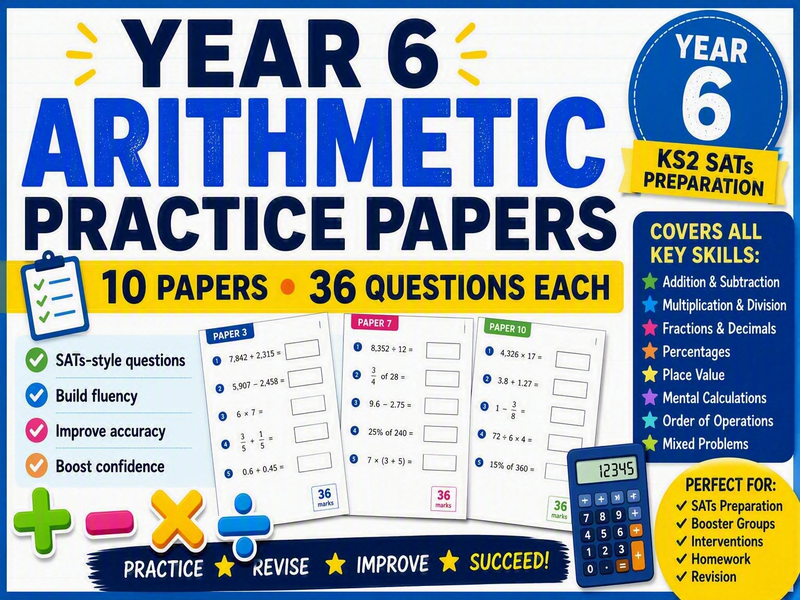 Year 6 Arithmetic Practice Papers Bundle - 10 Papers