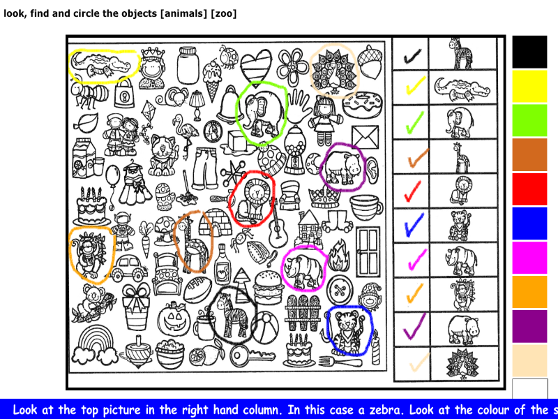 look, find and circle the objects [animals] [zoo]