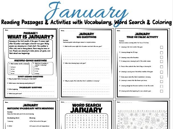 January Reading Passages & Activities with Vocabulary, Word Search & Coloring