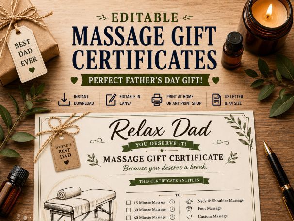 Father's Day Massage Gift Certificate | Editable Printable | Canva Template | Instant Download