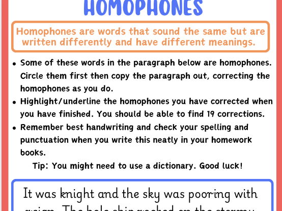 Homophones Task Sheet