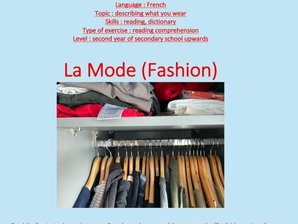 French, la mode (fashion), reading comprehension, second-year upwards, with answers.