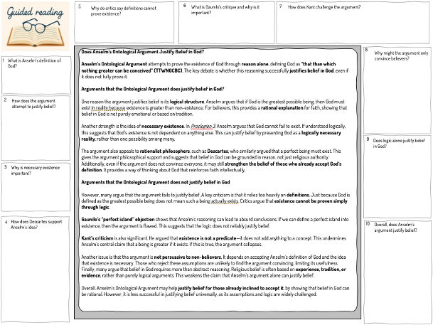 A-Level Religious Studies Existence of God Guided Reading Sheets