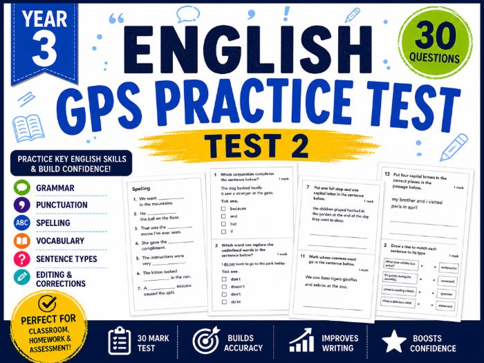 Year 3 SPaG (GPS) Practice Test 2 – Printable Assessment with Answers