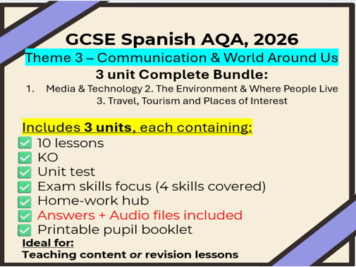 GCSE Spanish Theme 3: 30 lessons + extras (Media & Technology, Environment & Where People Live, Travel / Tourism & Places of Interest - AQA 2026)