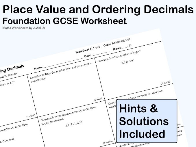 GCSE Maths Worksheet: Place Value and Ordering Decimals - Foundation Tier