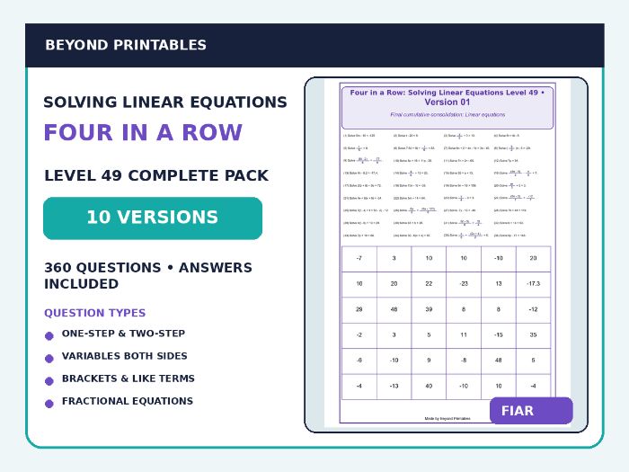 Solving Linear Equations Four in a Row | Complete Linear Equations Consolidation : Level 49 | 10-Ver