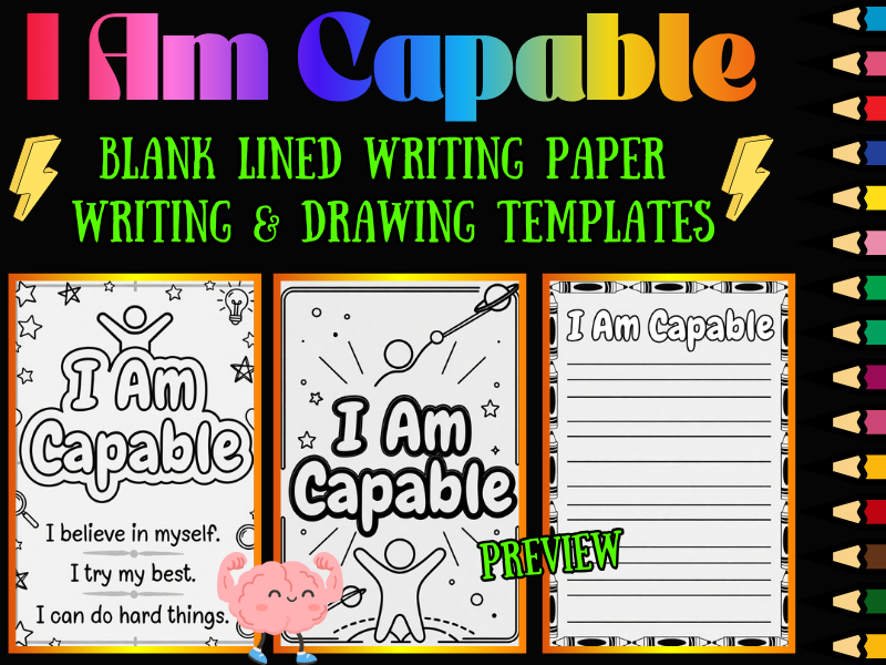 I Am Capable Coloring Pages & Blank Lined Writing Paper | SEL Affirmation Pack