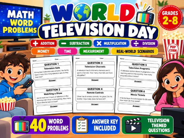 World Television Day Math Word Problems | 40 Questions & Answer Key