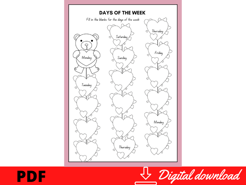 Day's Of The Week Activity In Valentine Day's Theme