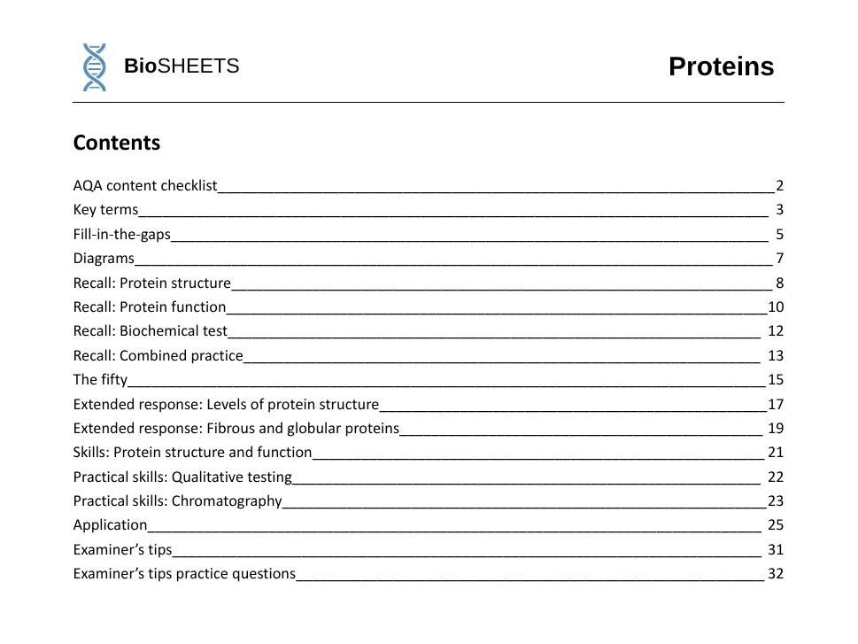 AQA A-Level Biology: 1.4.1 Proteins –  BioSHEETS Complete Study & Practice Pack