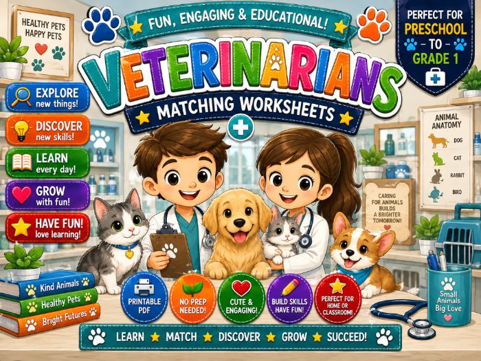 Veterinarian Matching Worksheets | Animal Care & Pet Activities | Preschool–Grade 1