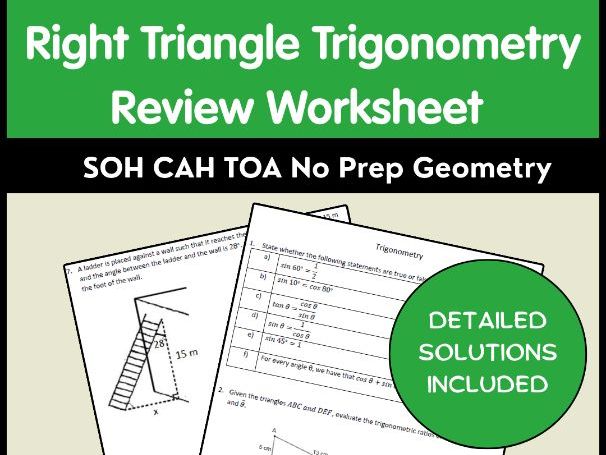 Right Triangle Trigonometry Review Worksheet - SOH CAH TOA No Prep Geometry