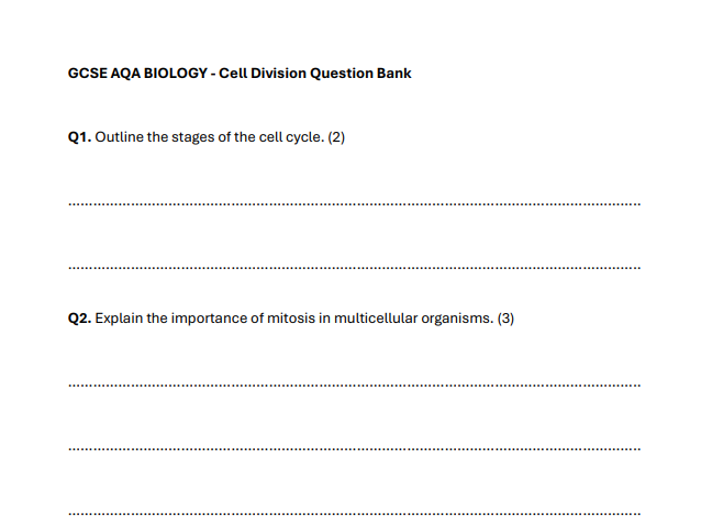 GCSE AQA BIOLOGY - CELL DIVISION QUESTIONS