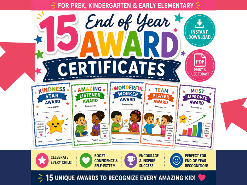 15 End of Year Award Certificates for PreK, K and 1st Grade Printable Student Recognition Bundles