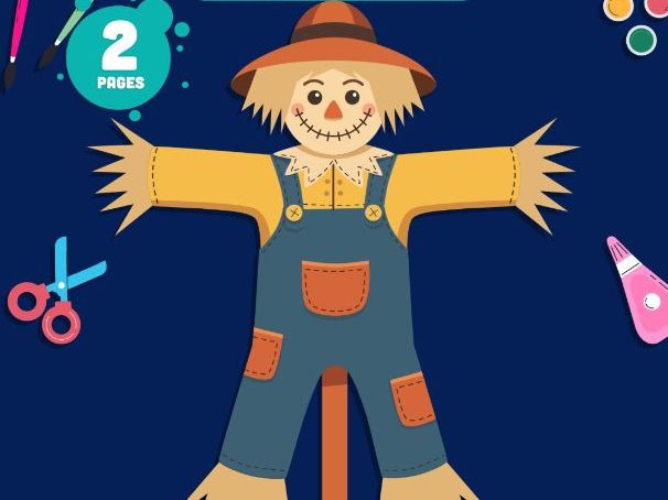 Scarecrow Paper Craft, Autumn Color Cut and Paste Activity, Pre-Colored & B&W, Letter & A4