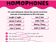 English Language Homophone Starter Worksheet